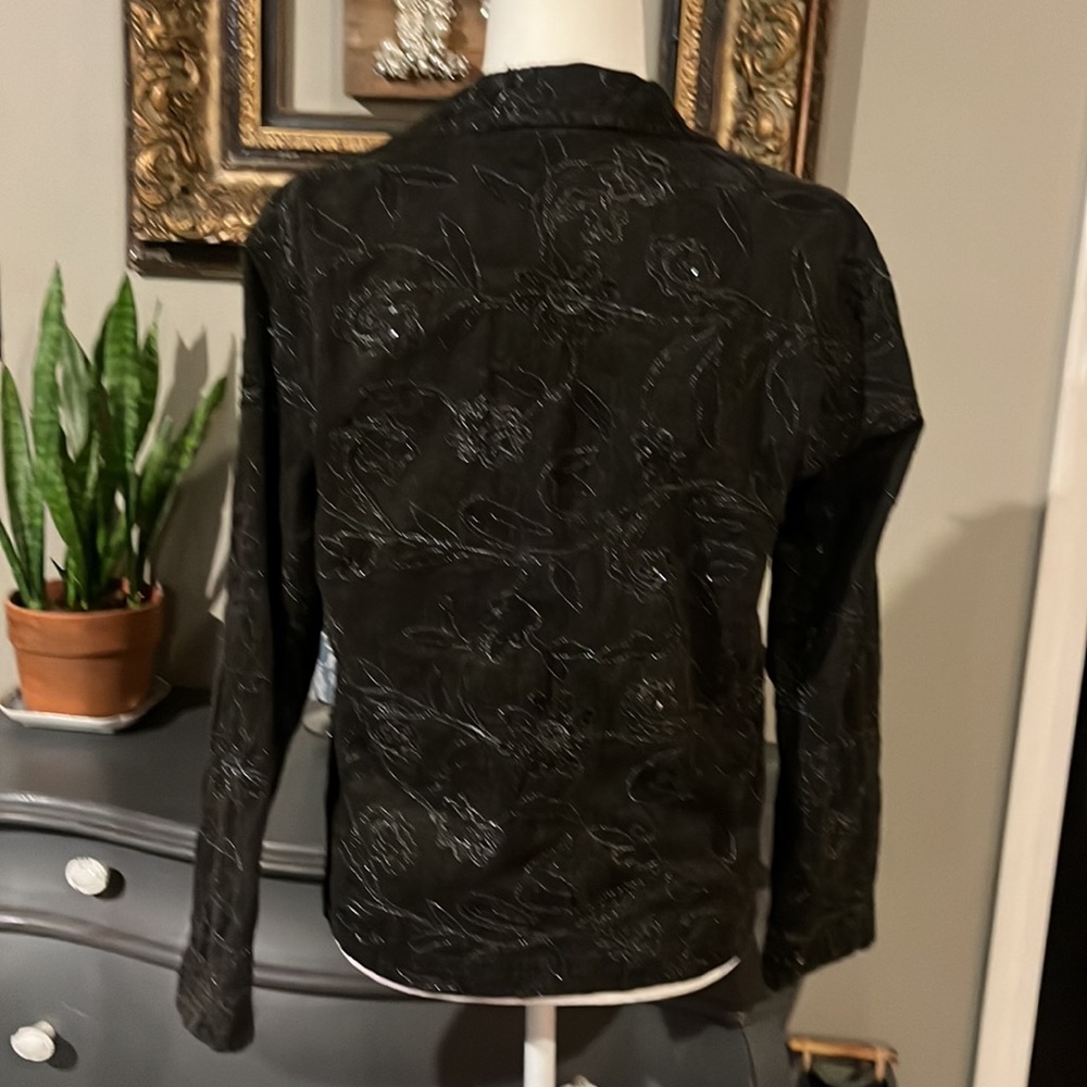 Chicos Design Vintage 100% Cotton Faded Black Jacket with Silver Shimmer Flowers - Picture 5 of 9